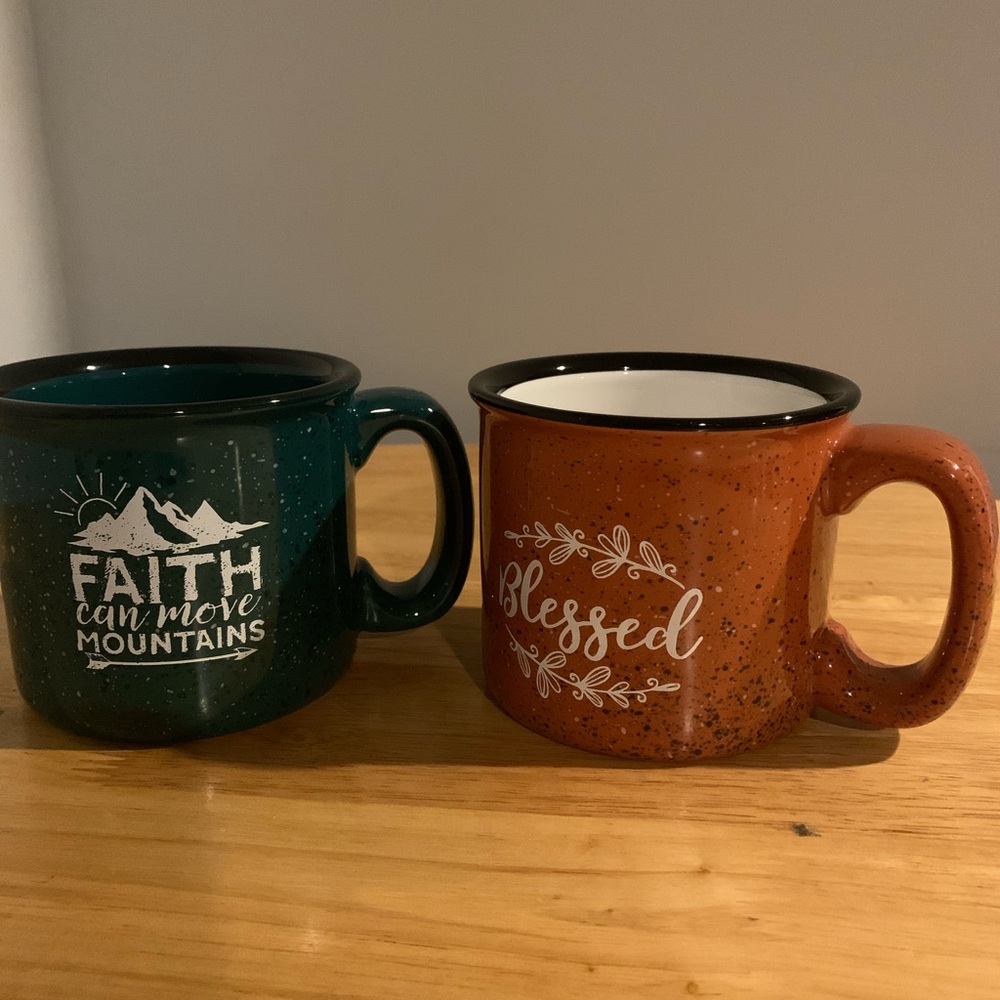 Two Ceramic Coffee Mugs “Blessed”  “ Faith Can Move Mountains “